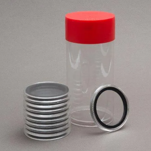 (1) Airtite Coin Holder Storage Container & (10) Black Ring 32Mm Air-Tite Coin Holder Capsules For 1Oz American Gold Eagles And 1Oz Gold Krugerrands & Kangaroos