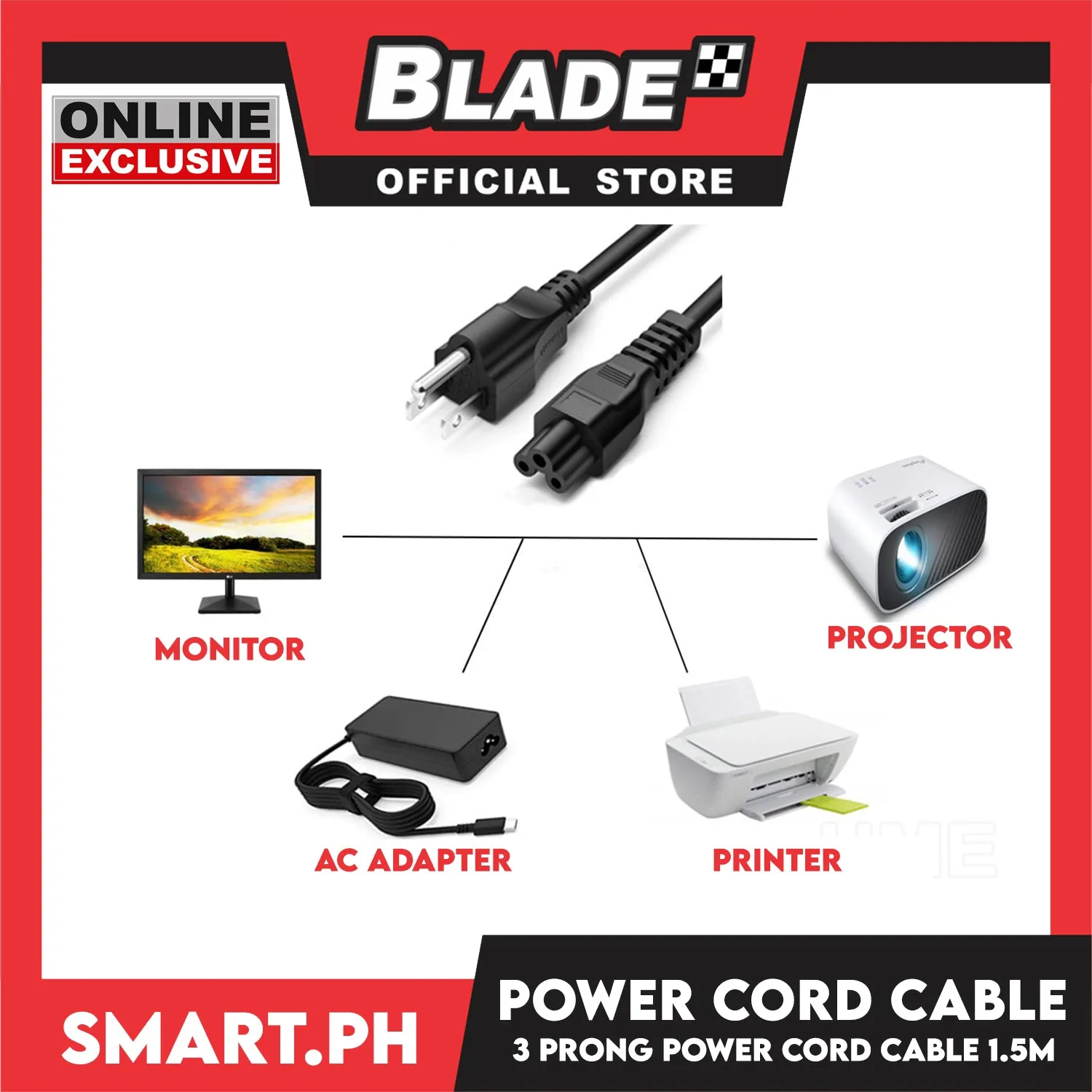 1.5 Meters AC Power Cord Cable 3-Prong