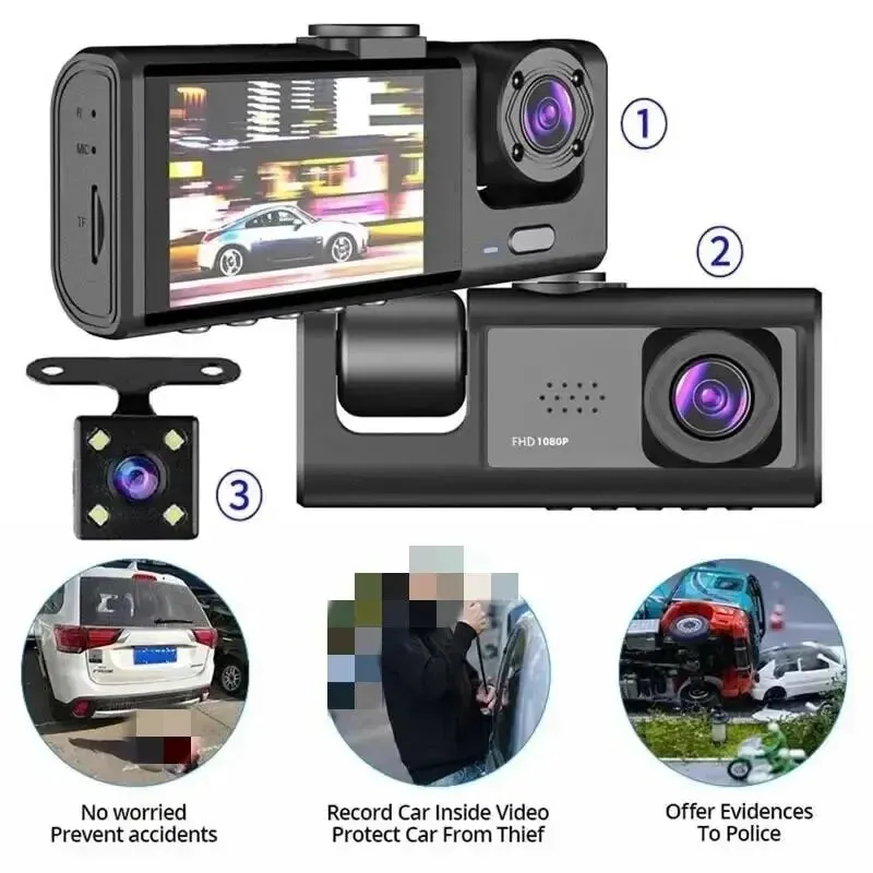 3-Channel 1080P Dash Cam with Triple-Lens & Inside Vehicle Recording