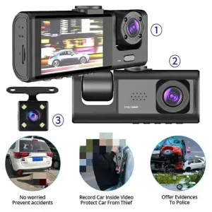 3-Channel 1080P Dash Cam with Triple-Lens & Inside Vehicle Recording