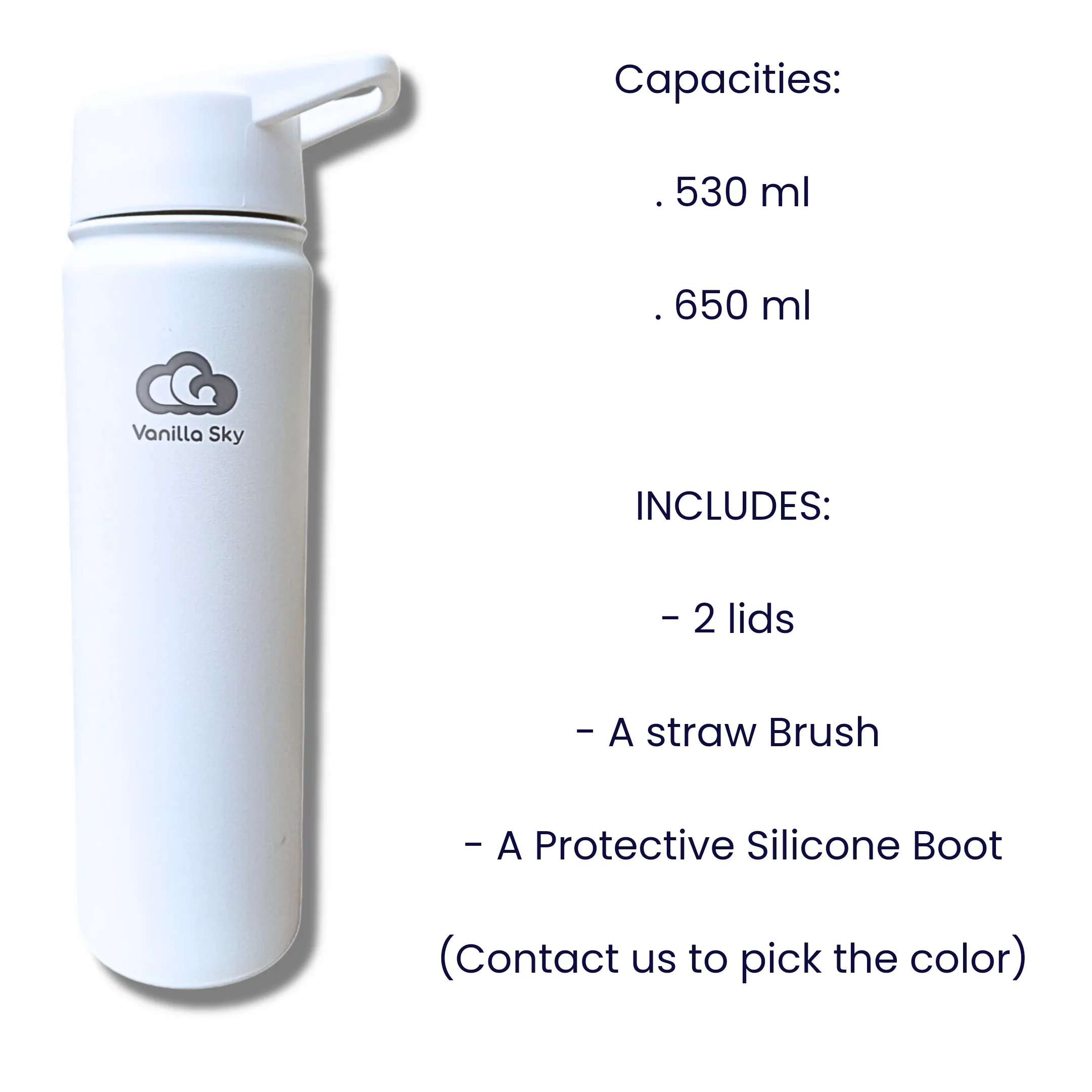 530 ml (18 oz) & 650 ml (22 oz) - Cloud 9 Insulated Water Bottle, 2 lids and silicone boot