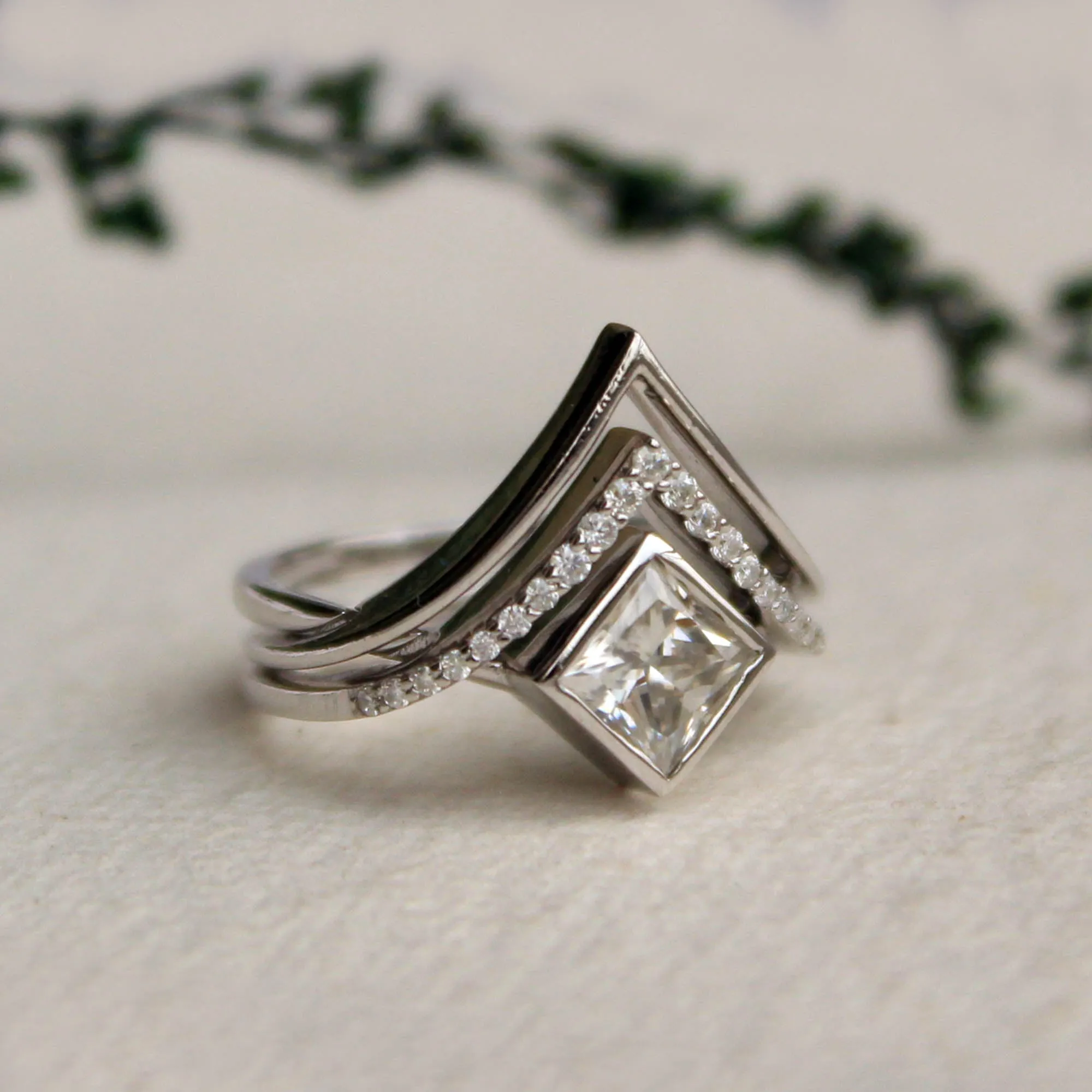 5mm Princess Moissanite Engagement Ring Set, 3pc Interlocking Crossover Ring Set