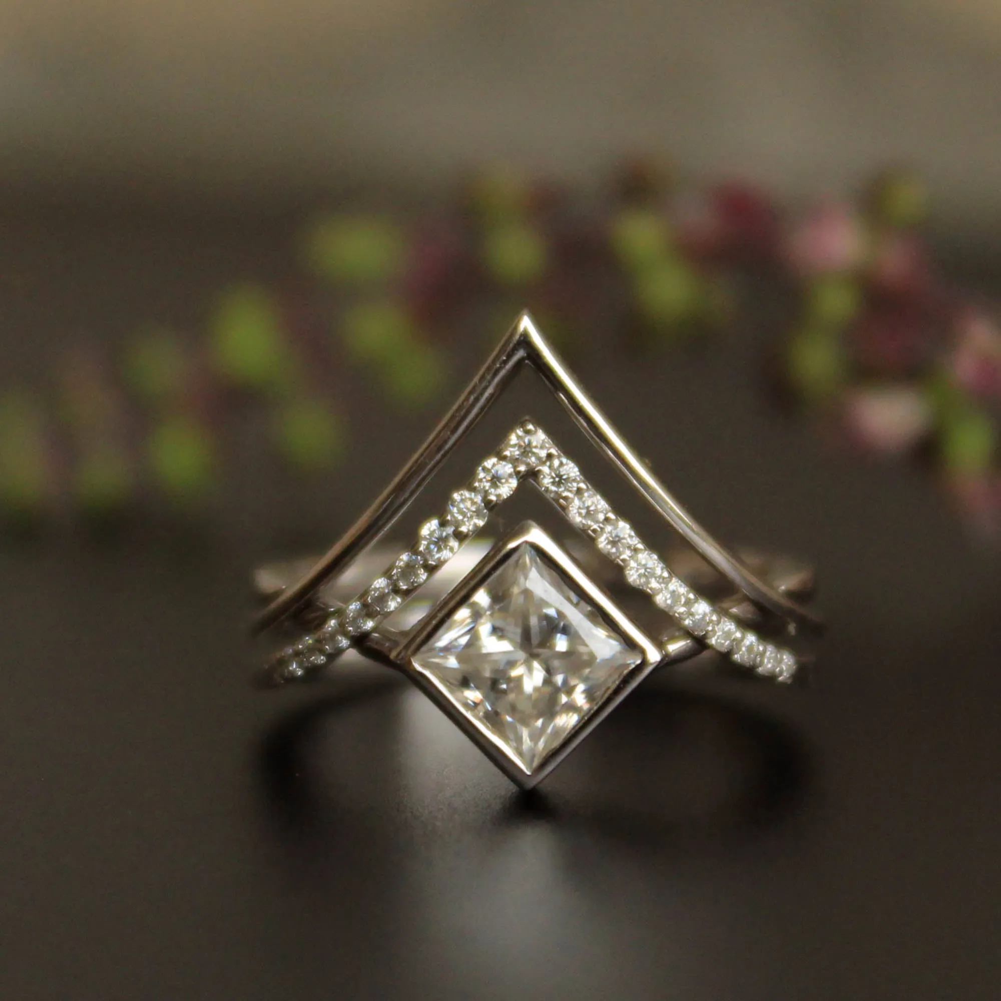 5mm Princess Moissanite Engagement Ring Set, 3pc Interlocking Crossover Ring Set