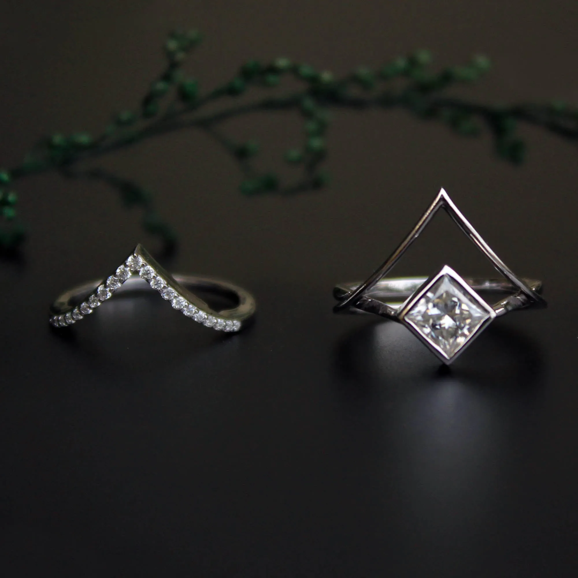 5mm Princess Moissanite Engagement Ring Set, 3pc Interlocking Crossover Ring Set