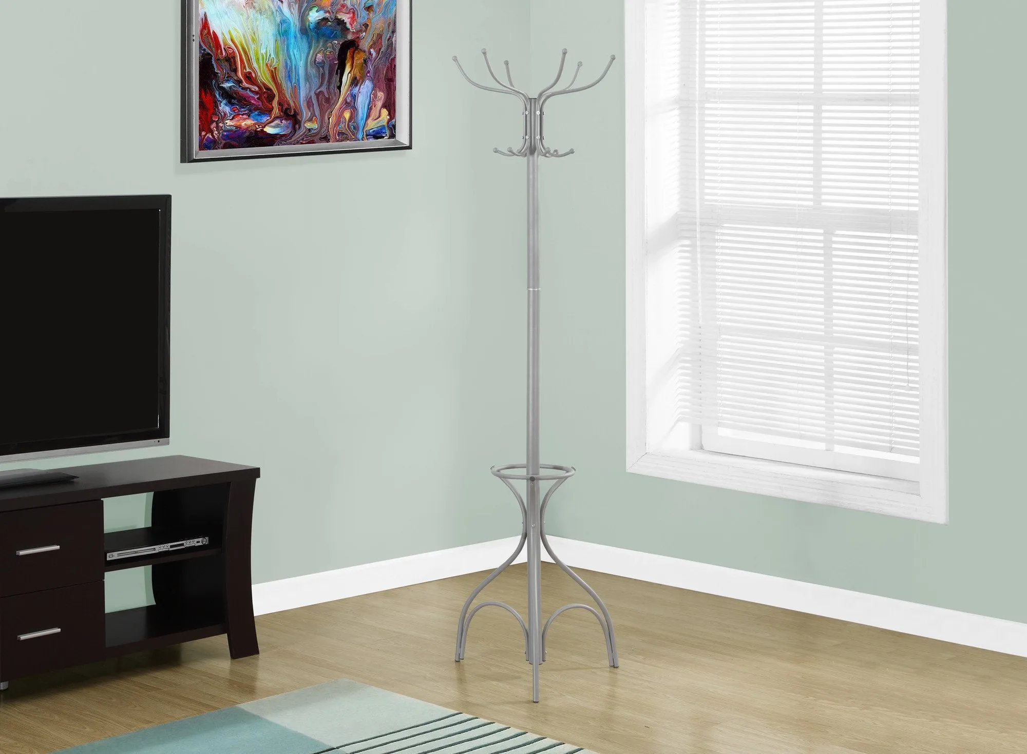 70"H SILVER METAL WITH AN UMBRELLA HOLDER COAT RACK