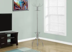 70"H SILVER METAL WITH AN UMBRELLA HOLDER COAT RACK
