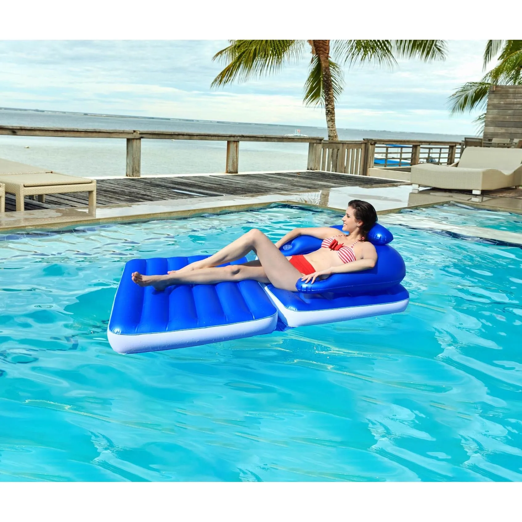 74" Blue Convertible Lounge Chair Inflatable Swimming Pool Float