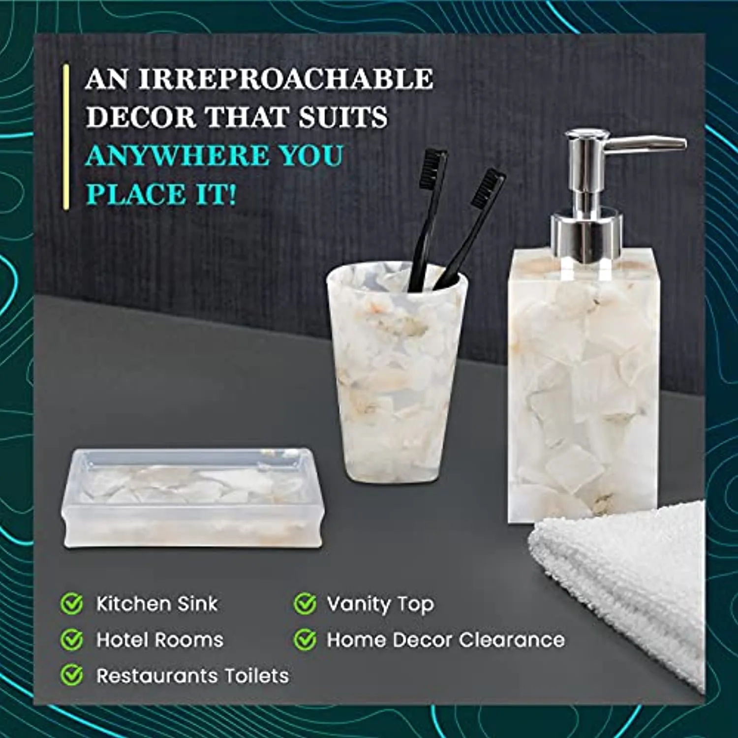 AIMONE Bathroom Accessory Set, Natural White Marble Inside Bath Gift Set of 4 Pieces, Includes Soap Dispenser, Toothbrush Holder, Tumbler, Soap Dish - High Class Home Decor Gift