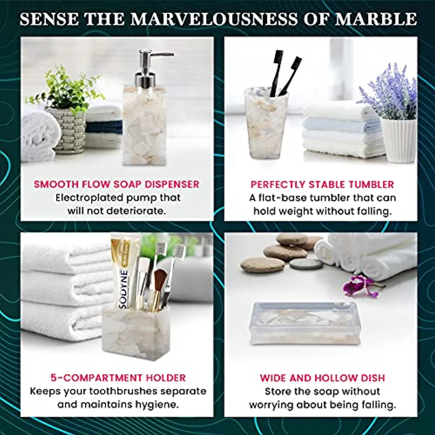 AIMONE Bathroom Accessory Set, Natural White Marble Inside Bath Gift Set of 4 Pieces, Includes Soap Dispenser, Toothbrush Holder, Tumbler, Soap Dish - High Class Home Decor Gift