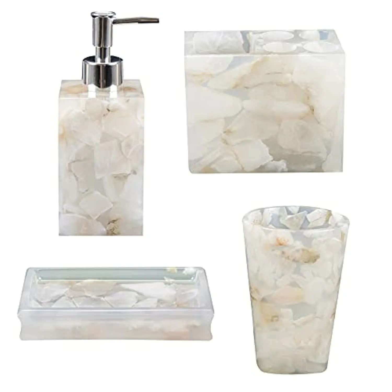 AIMONE Bathroom Accessory Set, Natural White Marble Inside Bath Gift Set of 4 Pieces, Includes Soap Dispenser, Toothbrush Holder, Tumbler, Soap Dish - High Class Home Decor Gift