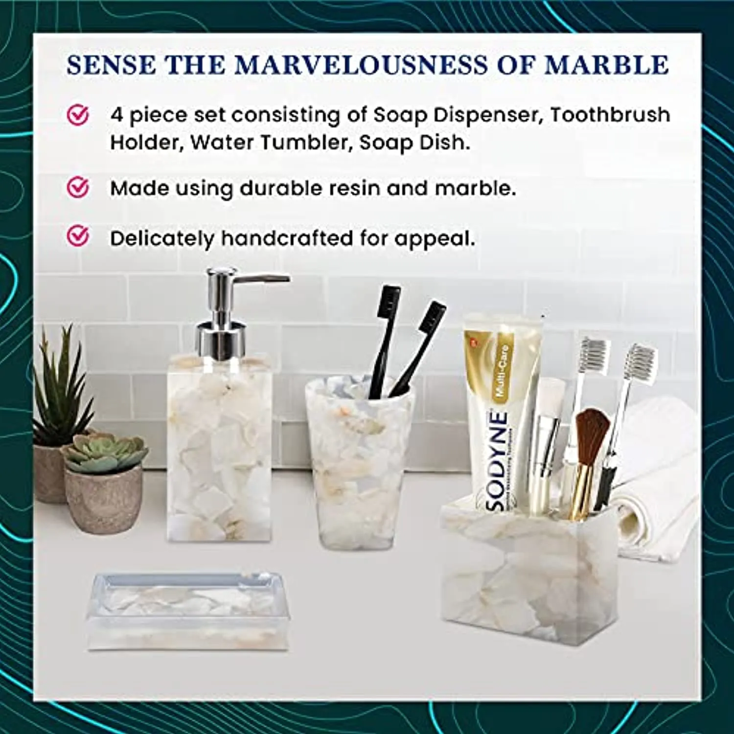AIMONE Bathroom Accessory Set, Natural White Marble Inside Bath Gift Set of 4 Pieces, Includes Soap Dispenser, Toothbrush Holder, Tumbler, Soap Dish - High Class Home Decor Gift