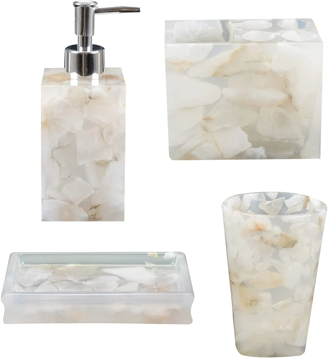 AIMONE Bathroom Accessory Set, Natural White Marble Inside Bath Gift Set of 4 Pieces, Includes Soap Dispenser, Toothbrush Holder, Tumbler, Soap Dish - High Class Home Decor Gift