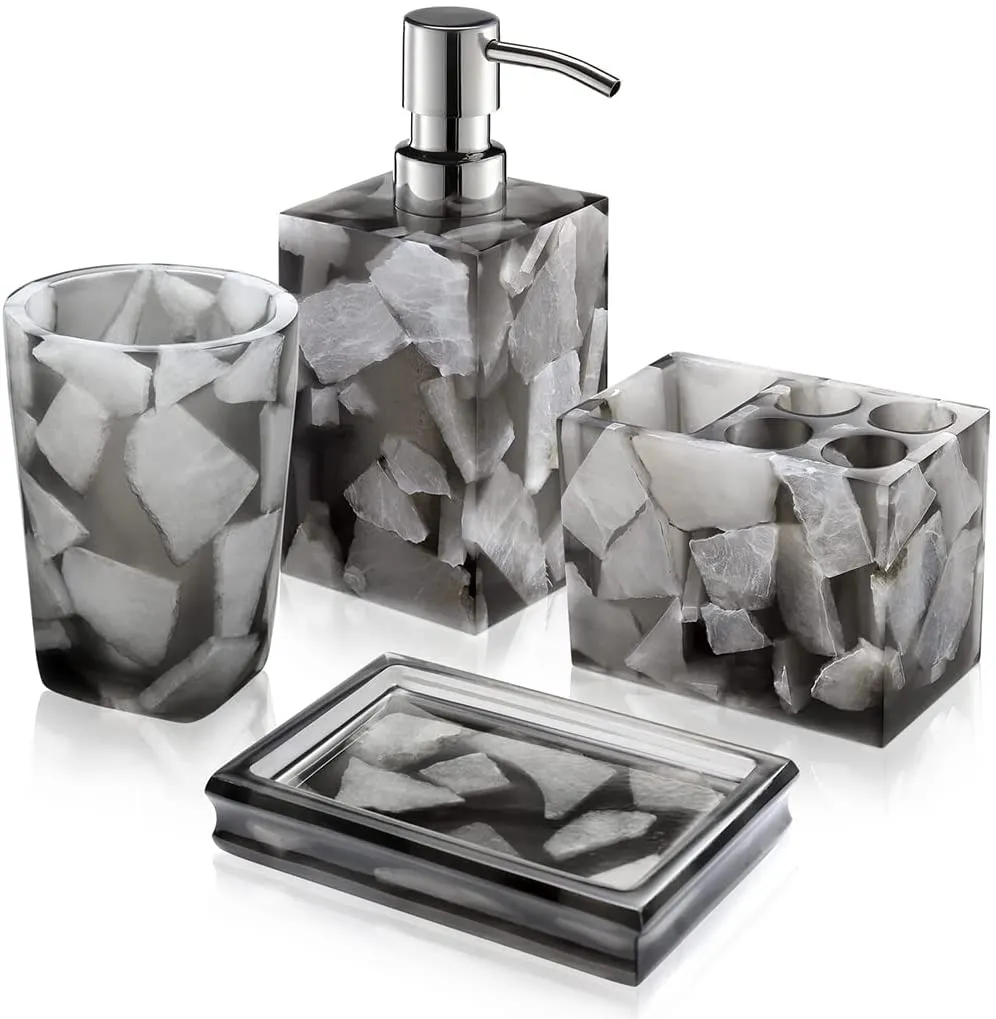 AIMONE Bathroom Accessory Set, Natural White Marble Inside Bath Gift Set of 4 Pieces, Includes Soap Dispenser, Toothbrush Holder, Tumbler, Soap Dish - High Class Home Decor Gift