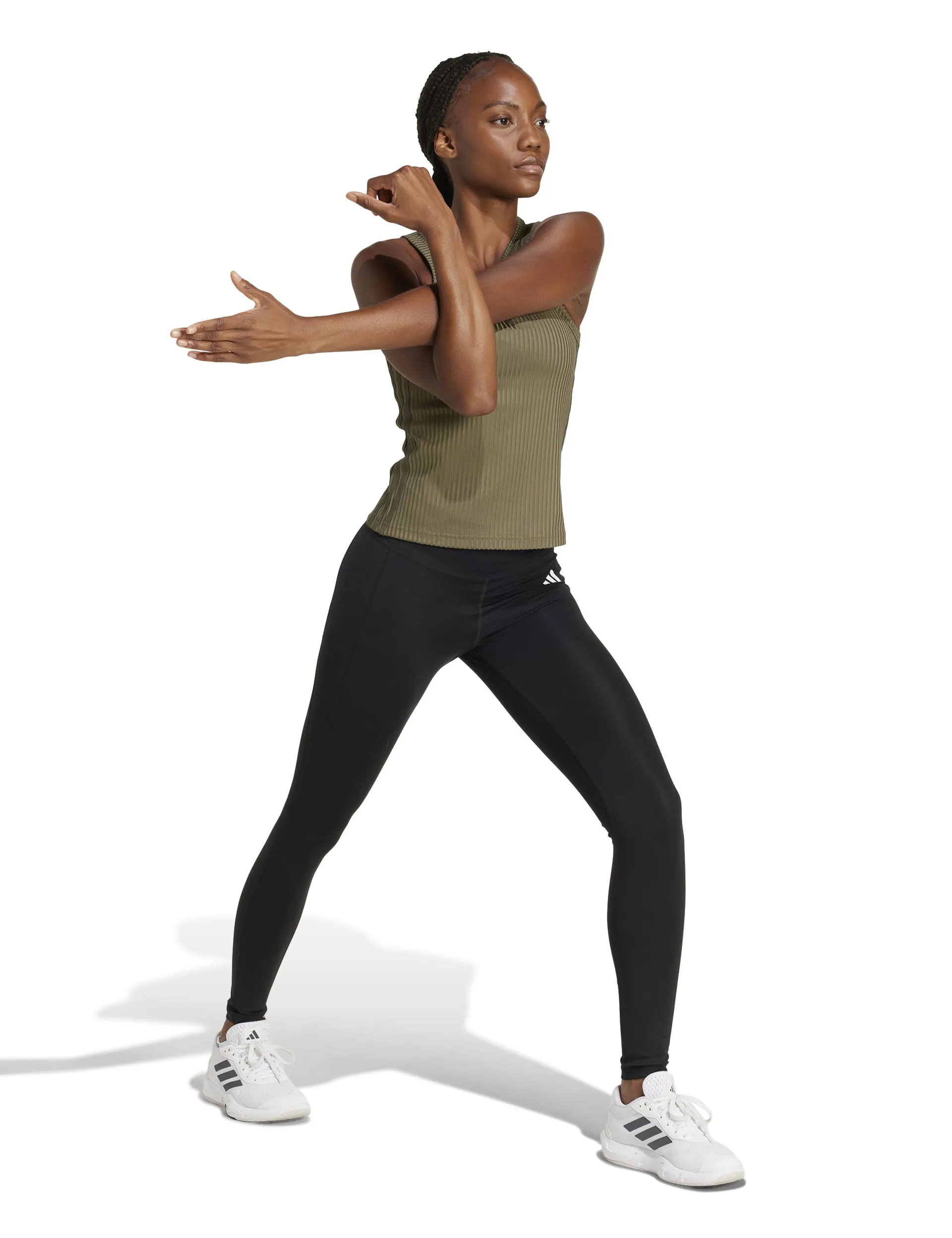 All Gym Seasonal Rib Tight Fit Tonal 3-Stripes Tank Top - Olive Strata
