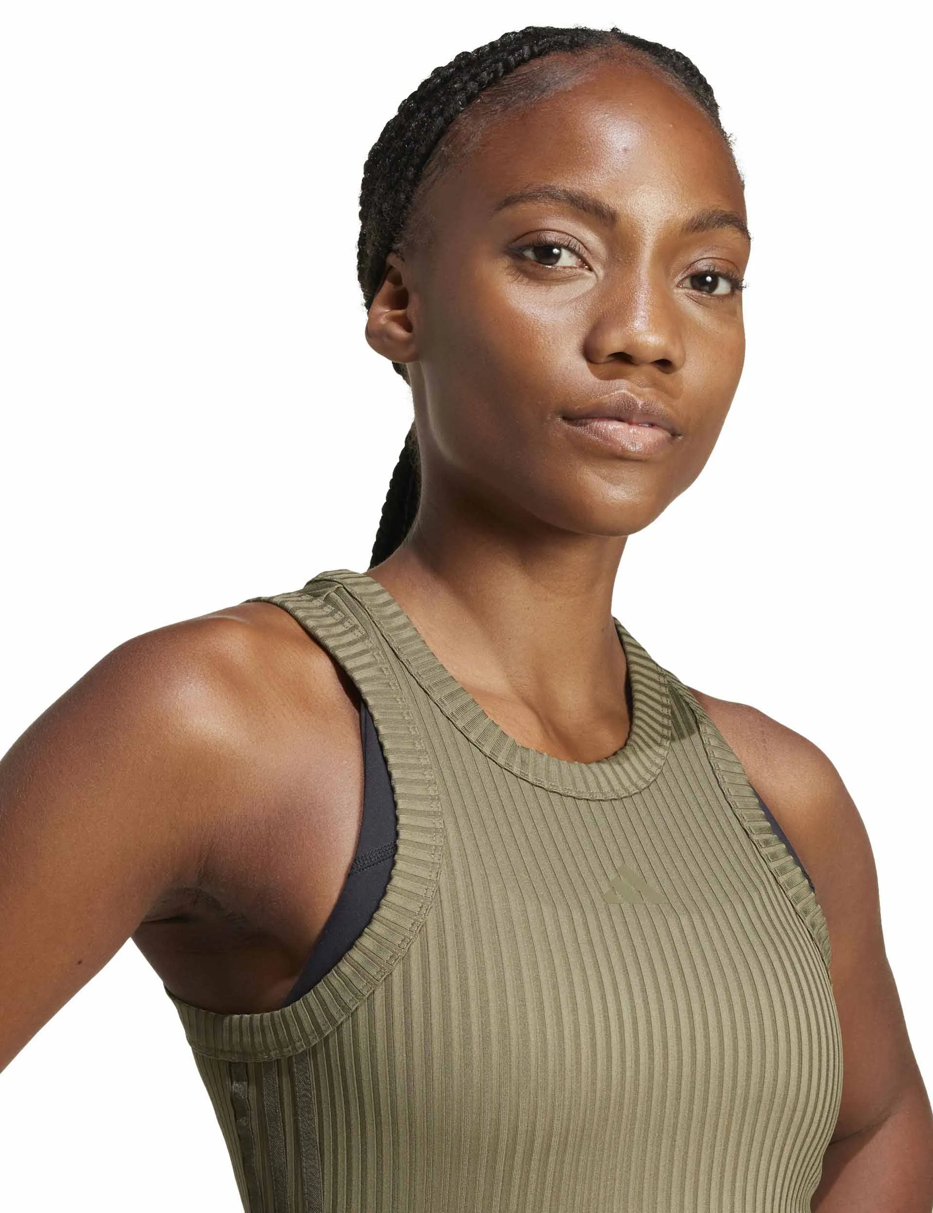 All Gym Seasonal Rib Tight Fit Tonal 3-Stripes Tank Top - Olive Strata
