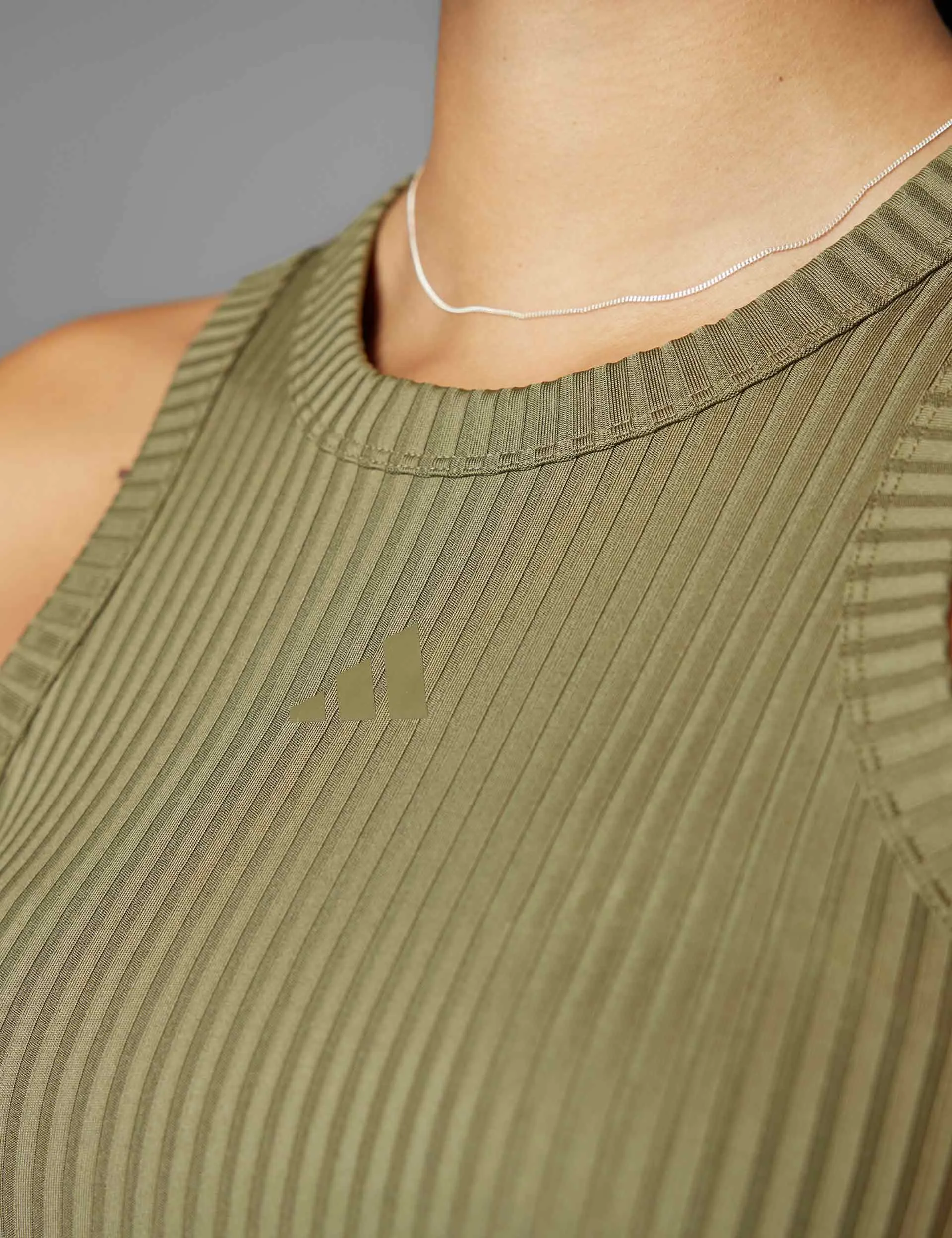 All Gym Seasonal Rib Tight Fit Tonal 3-Stripes Tank Top - Olive Strata