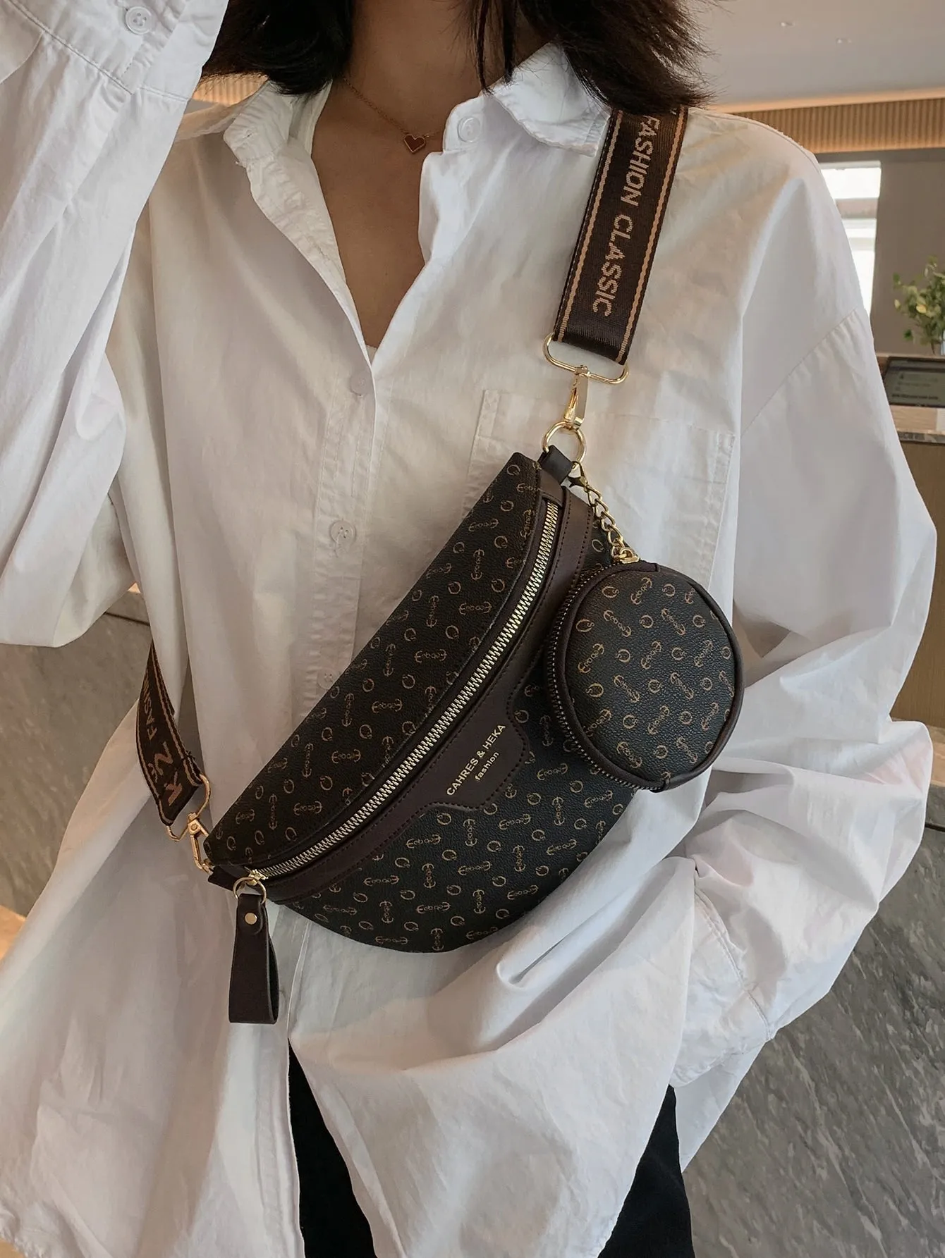 Anchor & Letter Graphic Waist Bag With Coin Purse - Coffee Brown- FD ⚡