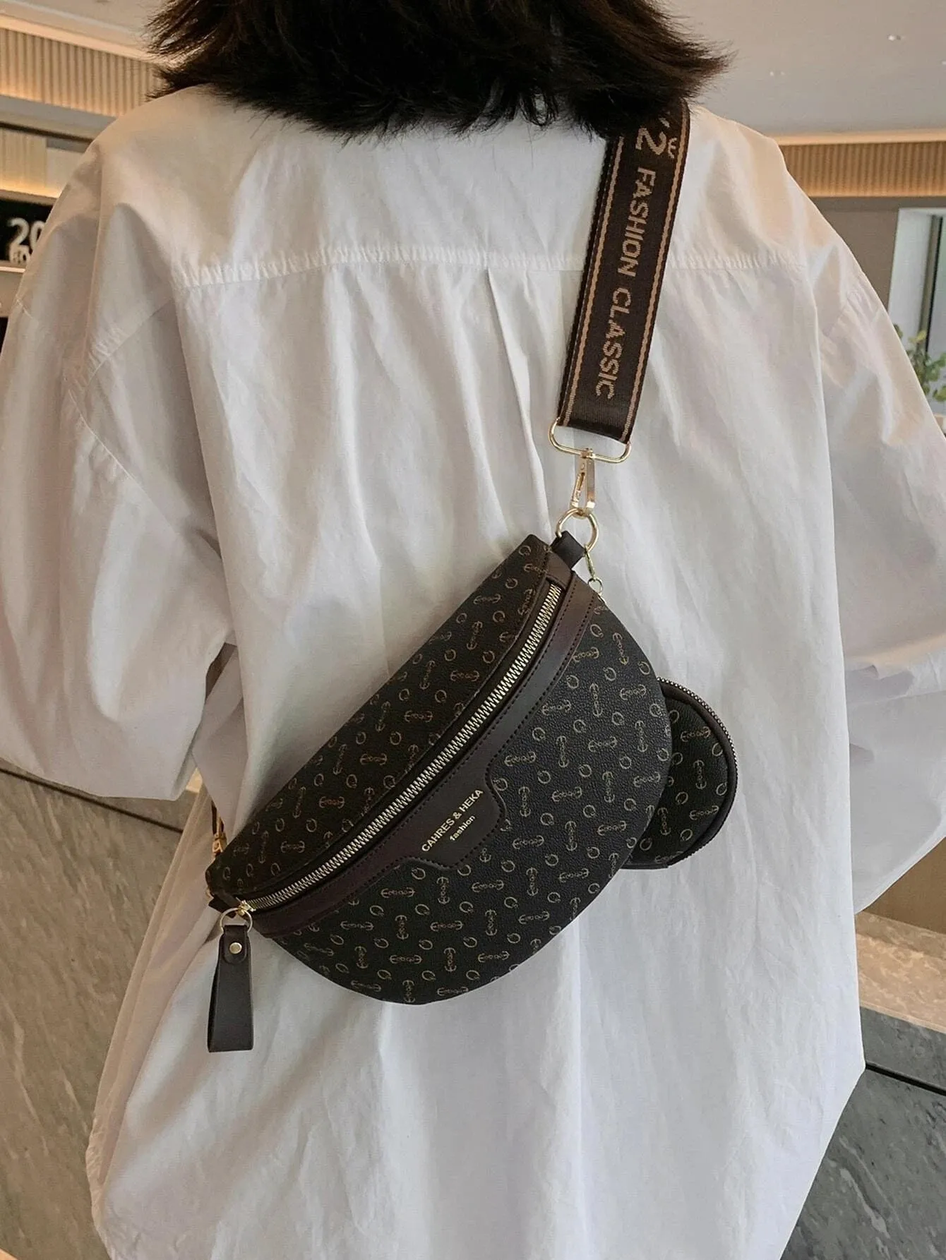 Anchor & Letter Graphic Waist Bag With Coin Purse - Coffee Brown- FD ⚡