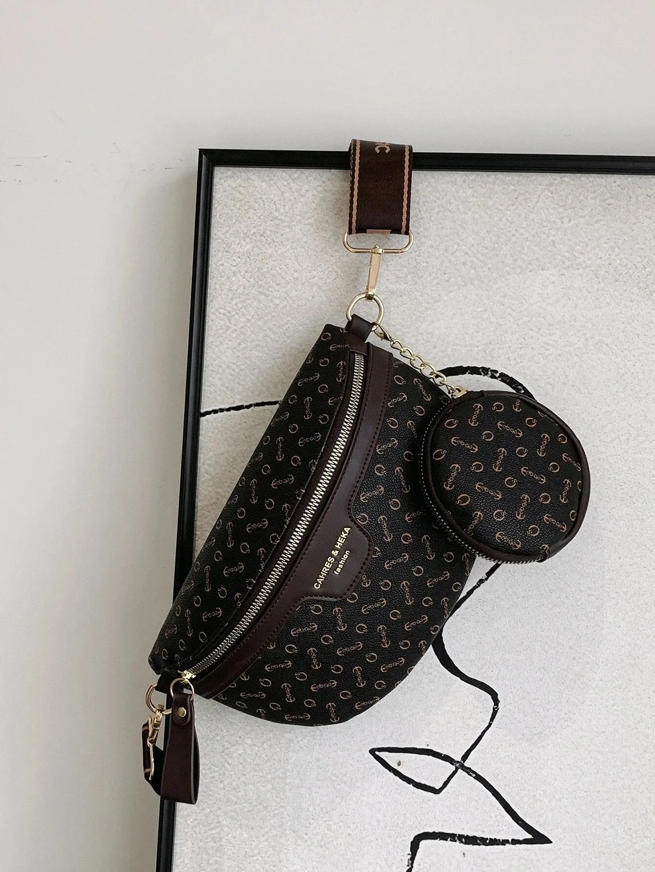 Anchor & Letter Graphic Waist Bag With Coin Purse - Coffee Brown- FD ⚡