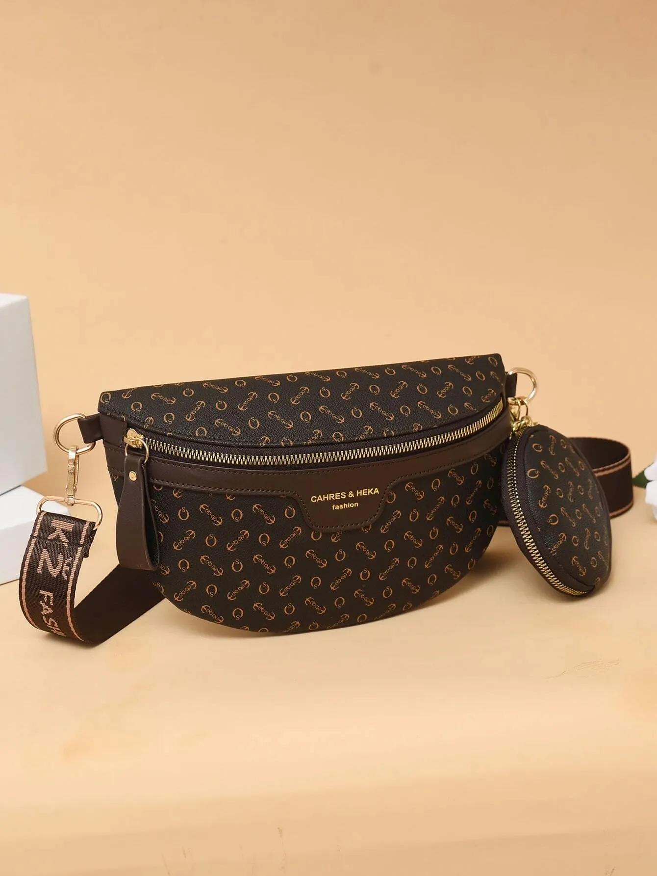 Anchor & Letter Graphic Waist Bag With Coin Purse - Coffee Brown- FD ⚡