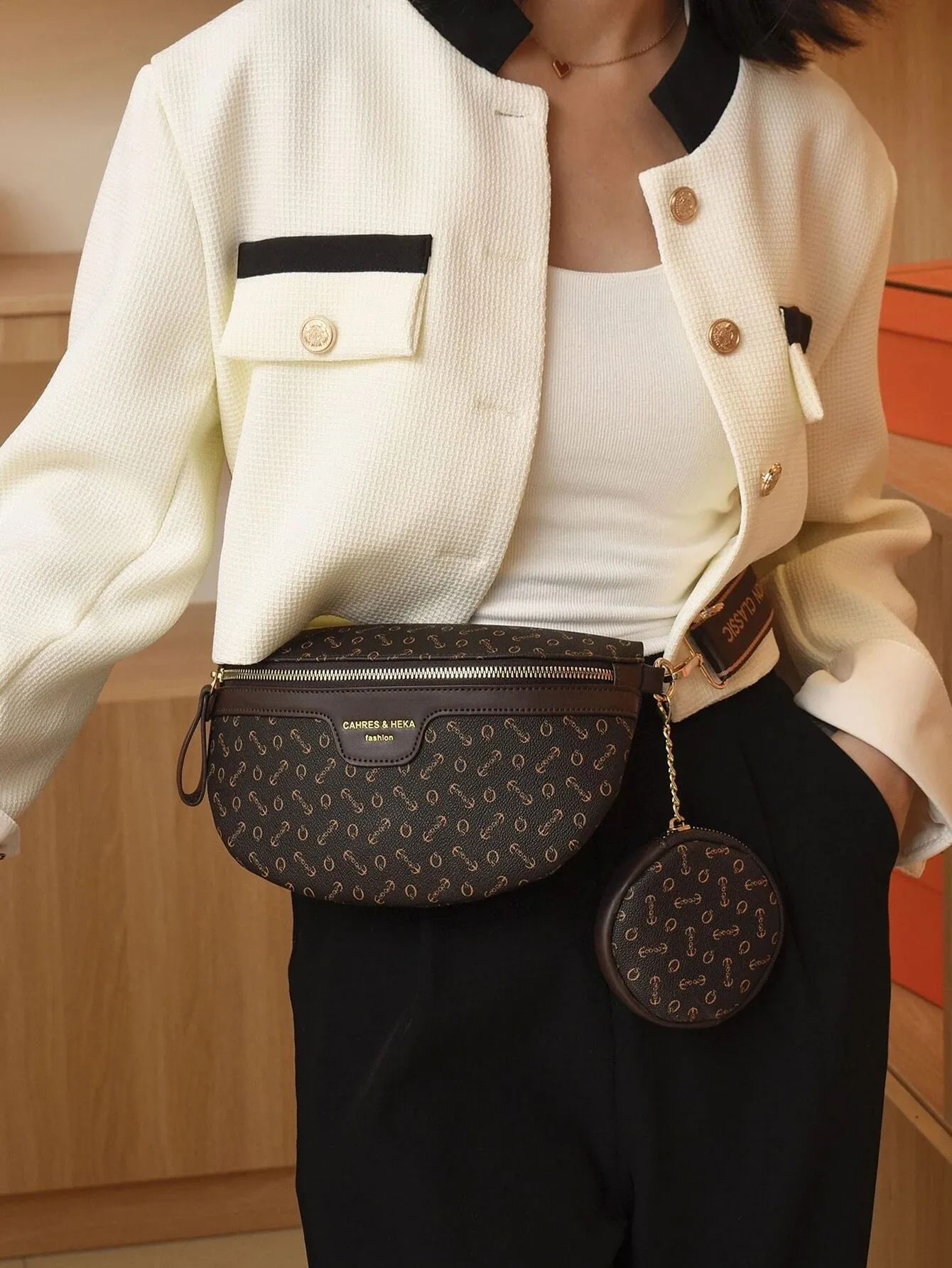 Anchor & Letter Graphic Waist Bag With Coin Purse - Coffee Brown- FD ⚡