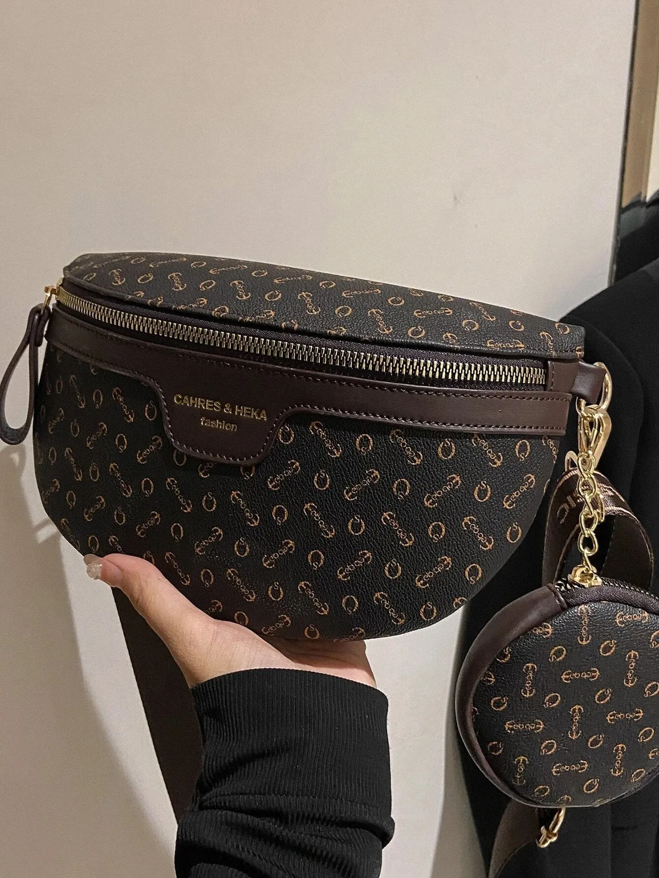 Anchor & Letter Graphic Waist Bag With Coin Purse - Coffee Brown- FD ⚡