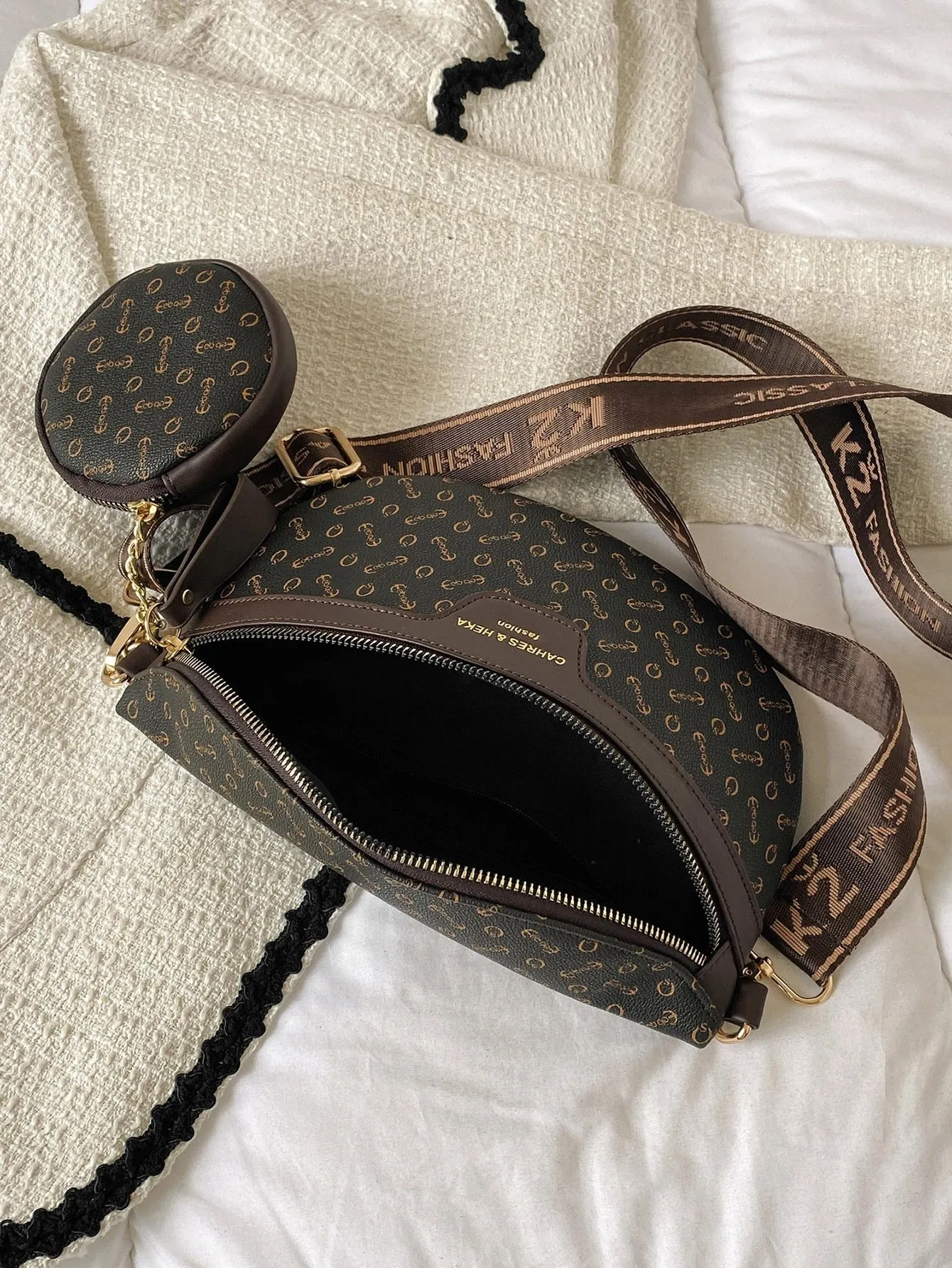 Anchor & Letter Graphic Waist Bag With Coin Purse - Coffee Brown- FD ⚡