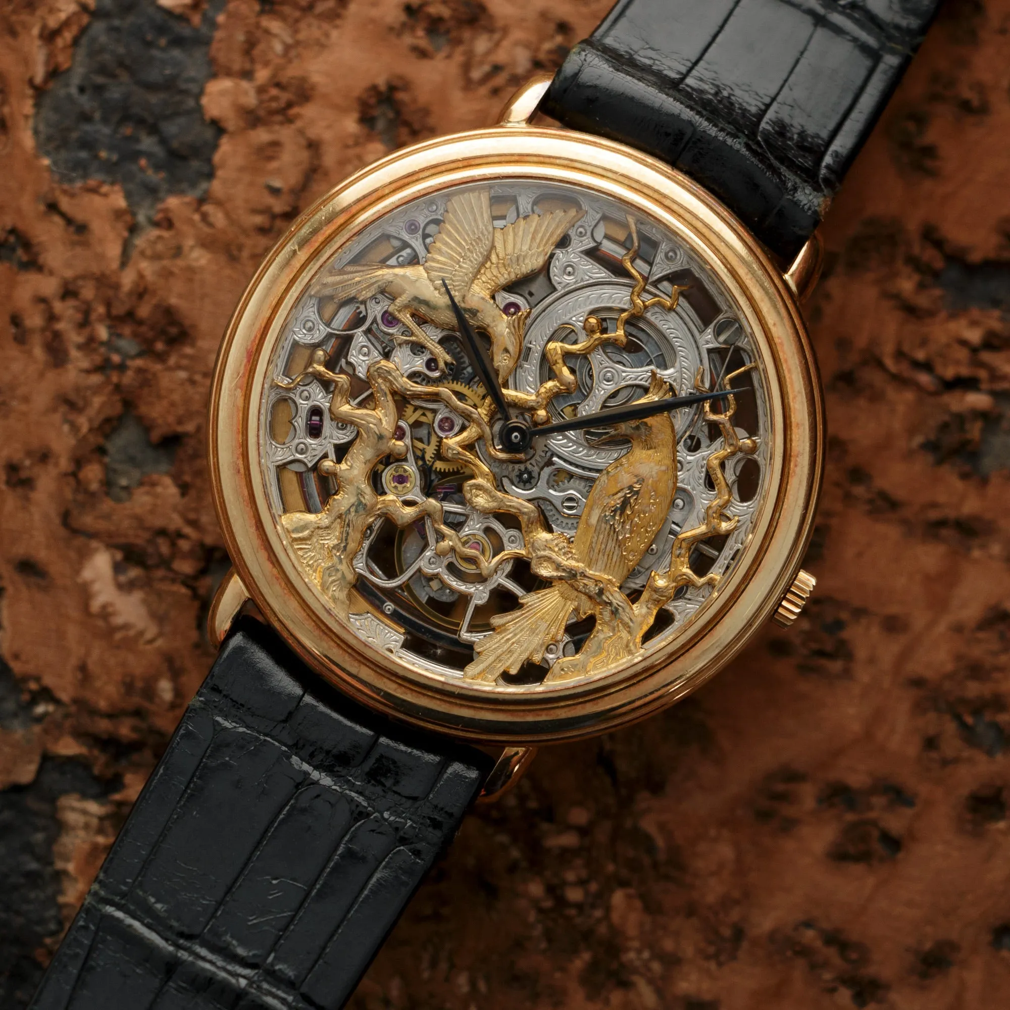 Audemars Piguet Yellow Gold Ultra Thin Skeletonized Watch with Ornate Bird Dial