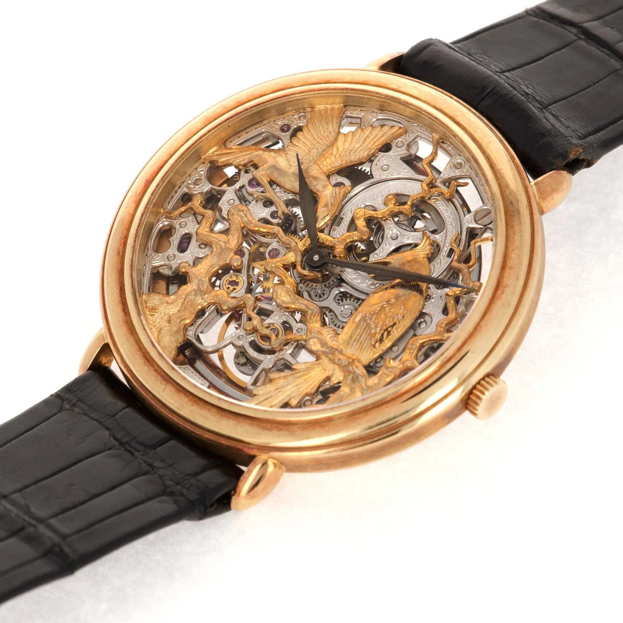 Audemars Piguet Yellow Gold Ultra Thin Skeletonized Watch with Ornate Bird Dial