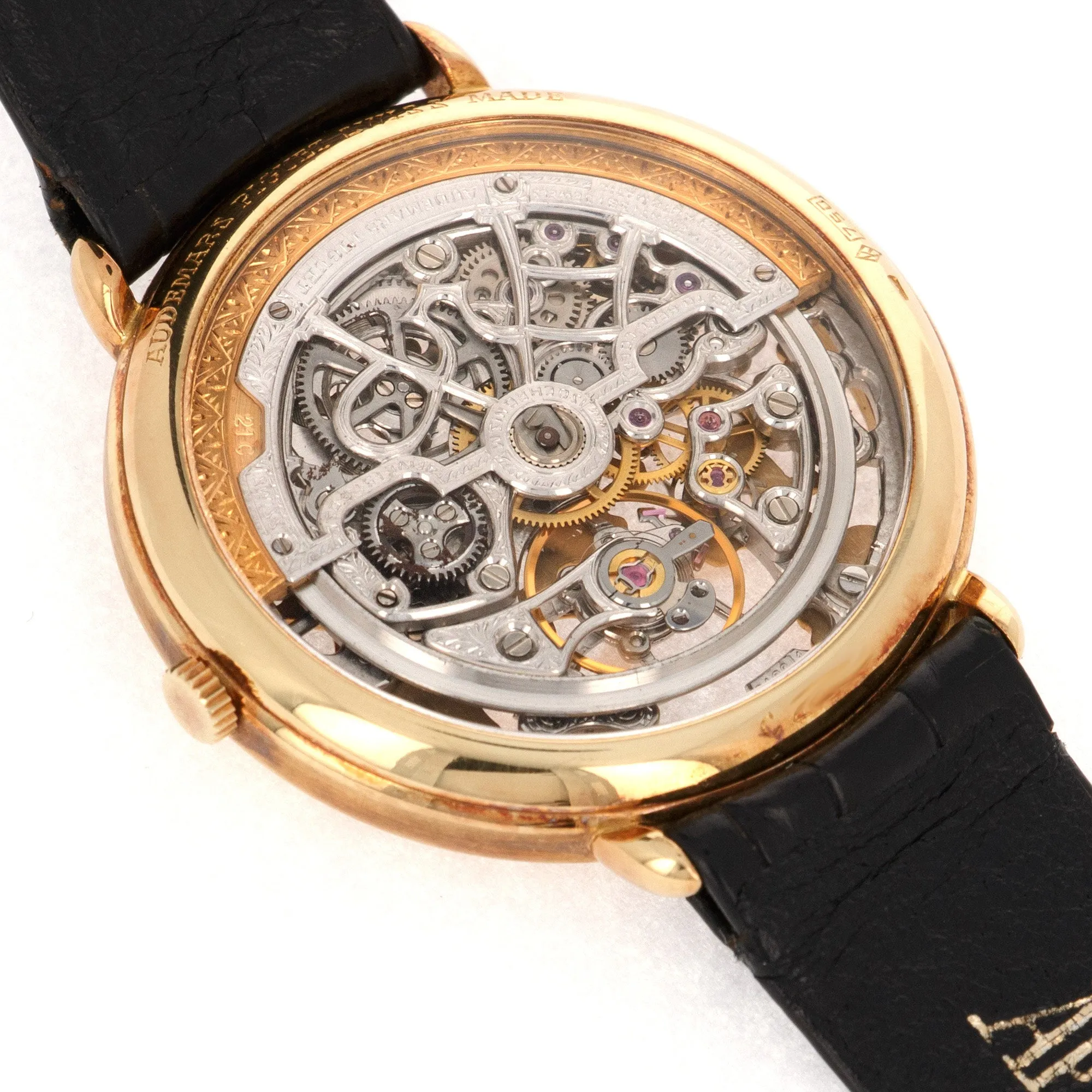 Audemars Piguet Yellow Gold Ultra Thin Skeletonized Watch with Ornate Bird Dial