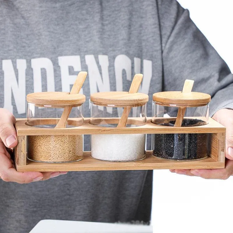 Bamboo and Glass Spice Jar Set