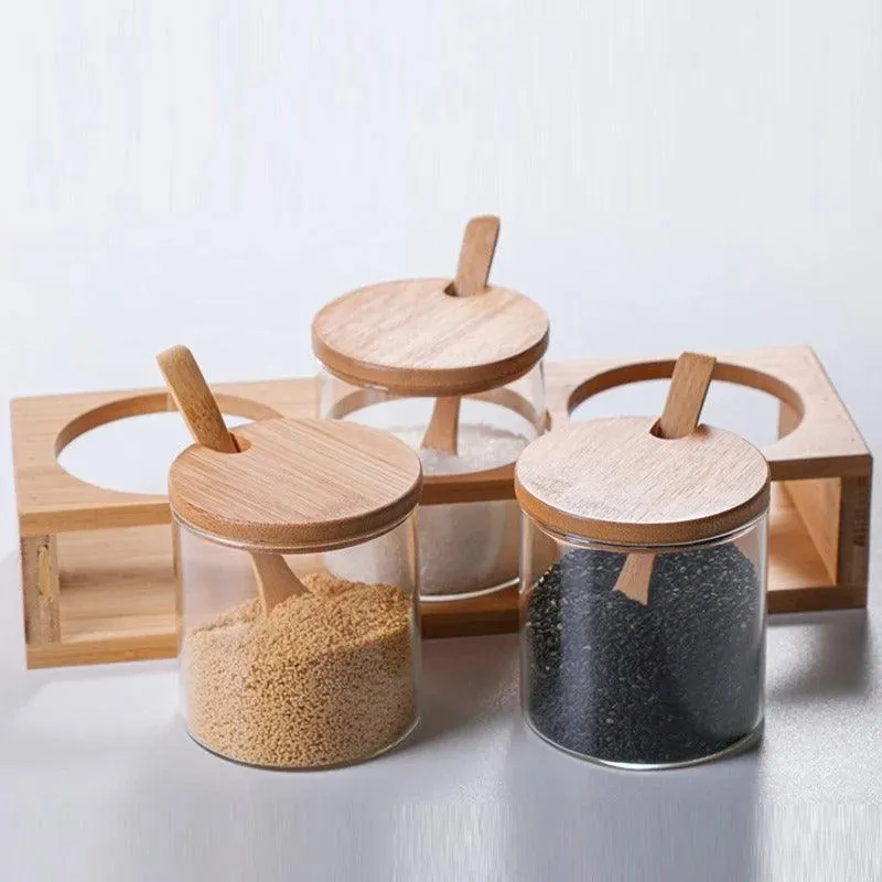 Bamboo and Glass Spice Jar Set