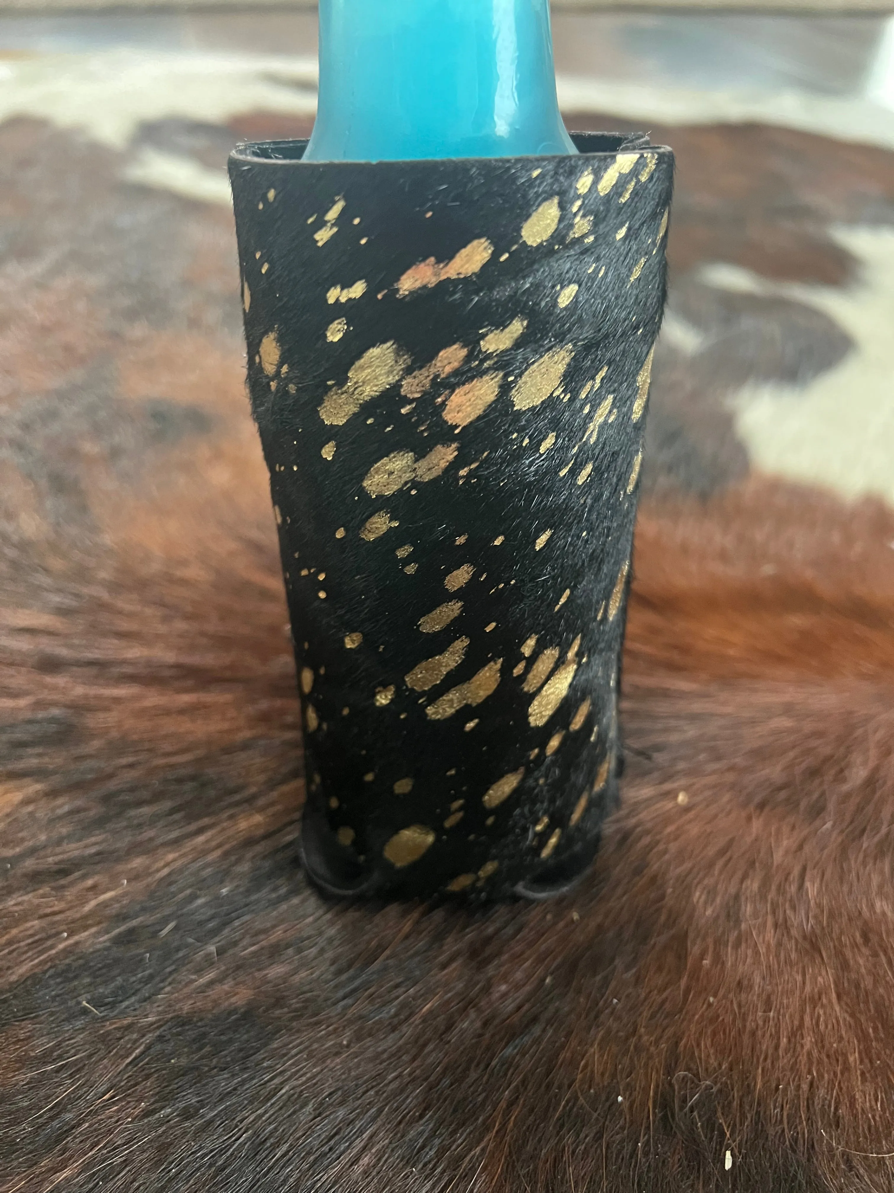 Black and Gold Acid Wash Hair on Cowhide Slim Can Holder
