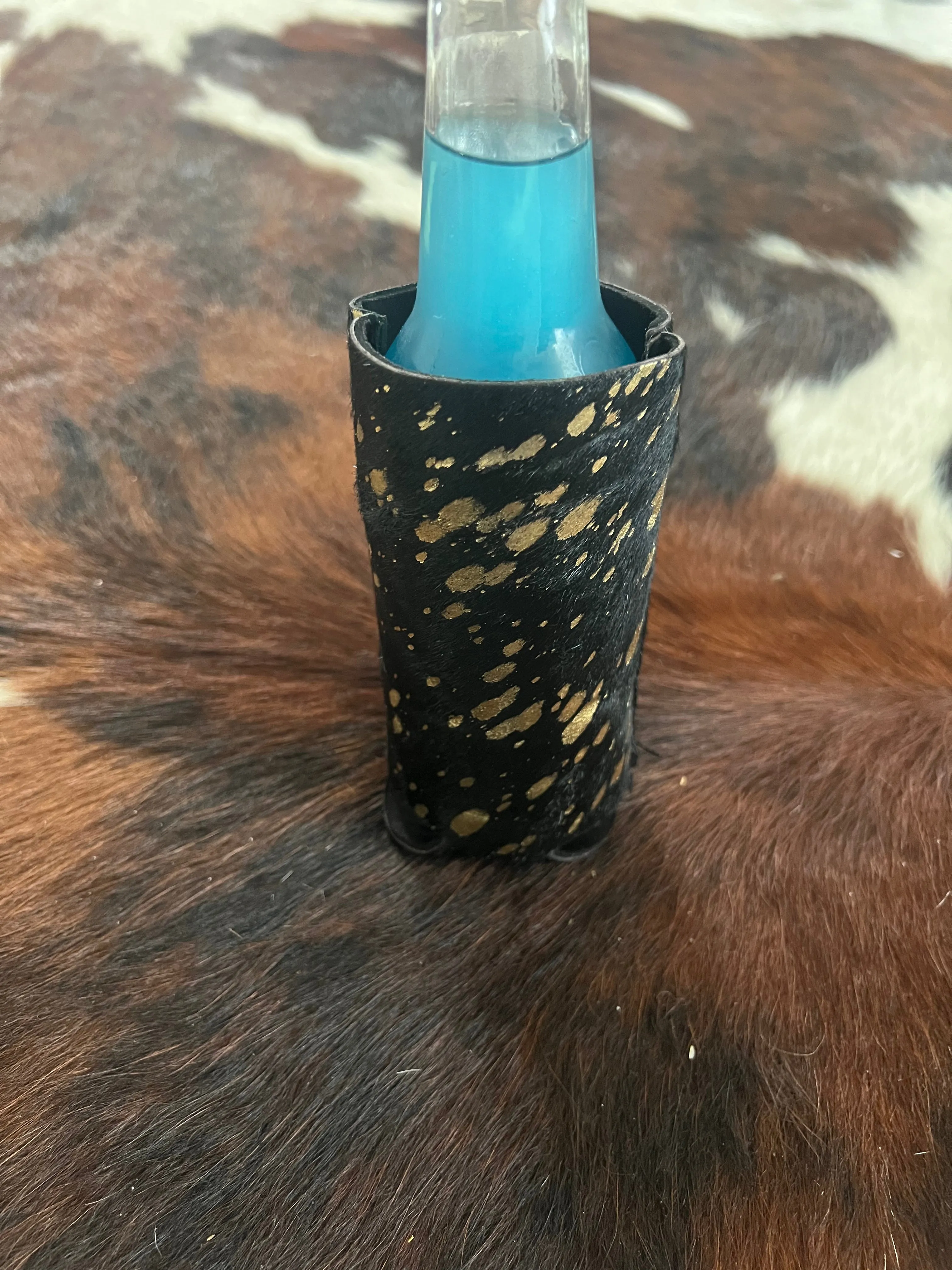 Black and Gold Acid Wash Hair on Cowhide Slim Can Holder