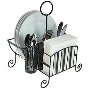 Black Metal Mesh Kitchen/Picnic Buffet Caddy Holder for Utensil, Plates, Napkins with Handle