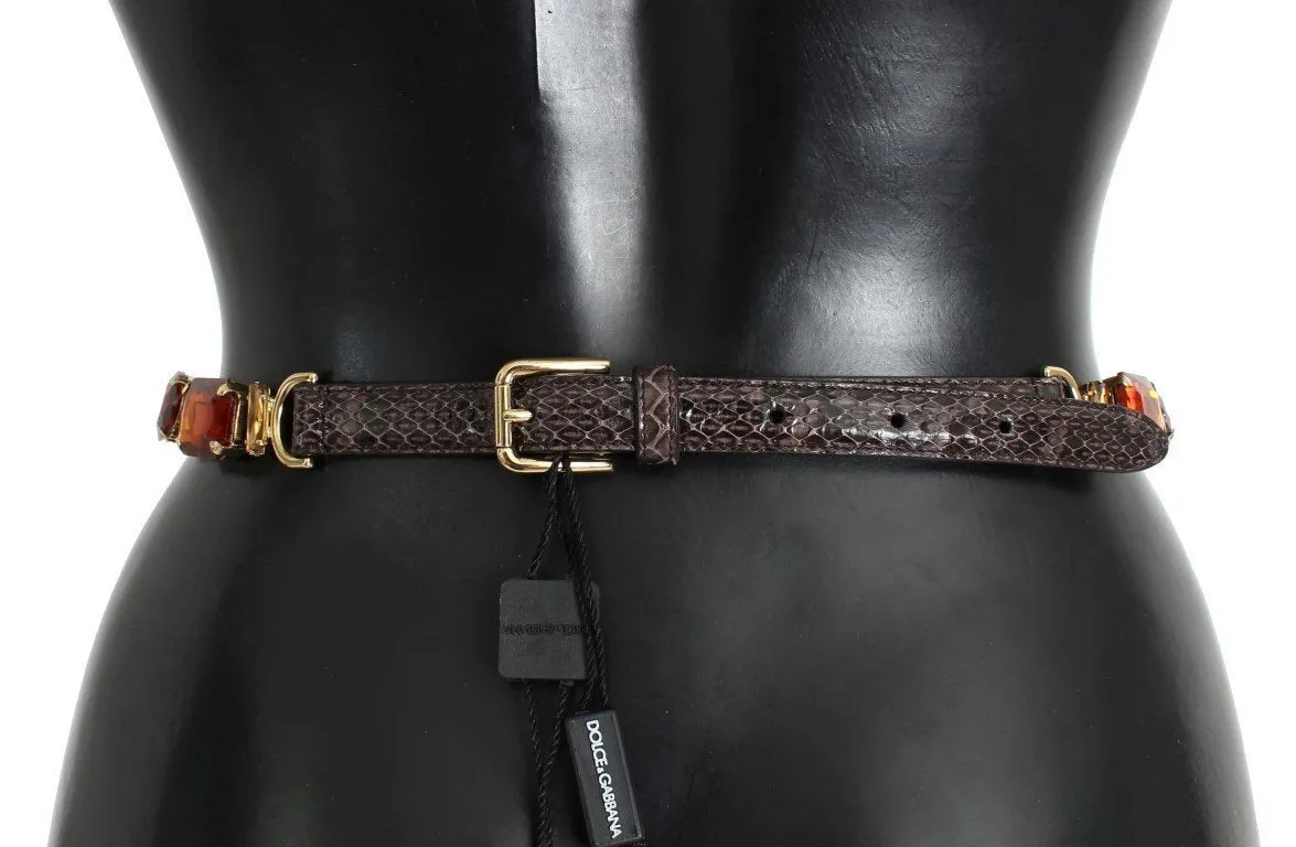 Brown Snakeskin Leather Crystal Gold Waist Belt