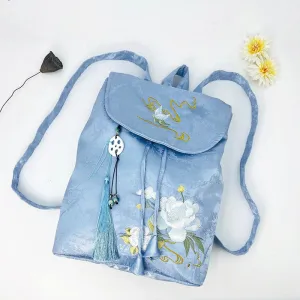 Buddha Stones Handmade Blue Camellia Embroidered Large Capacity Polyester Cotton Backpack