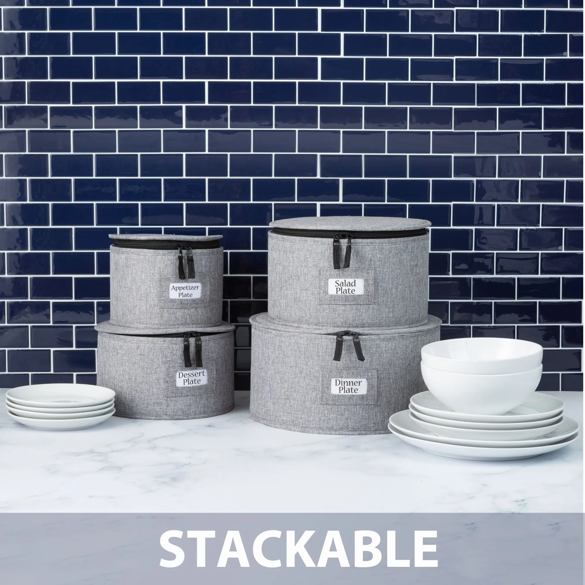 China Storage Container for Saucer and Appetizer Plates - 7" W x 5.5" H - Includes 12 Felt Dividers