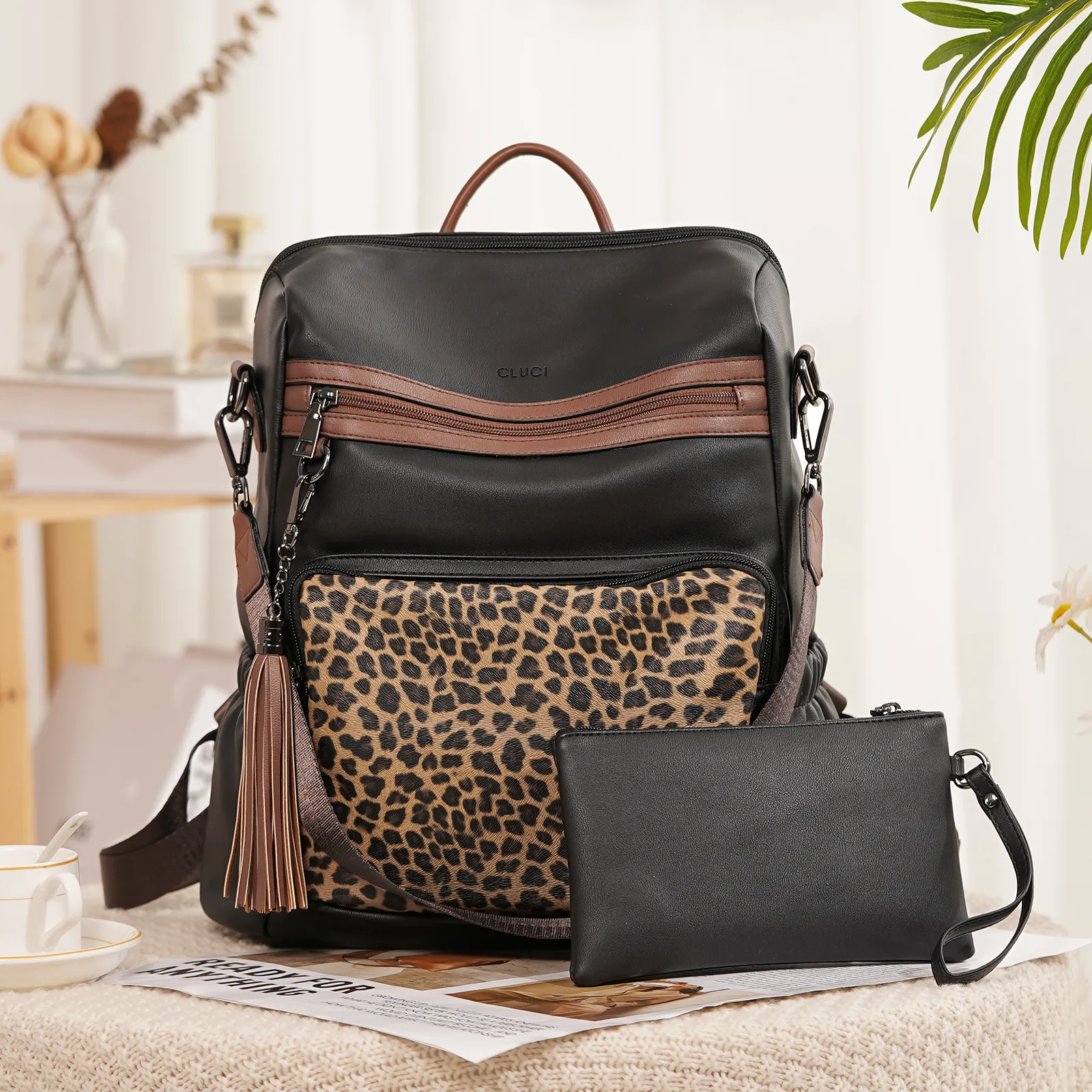 CLUCI Backpack Purse for Women Fashion Leather Designer Travel Large Ladies Shoulder Bags with Tassel