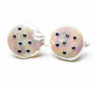 Coin Pearl Earrings with Blue Sapphires