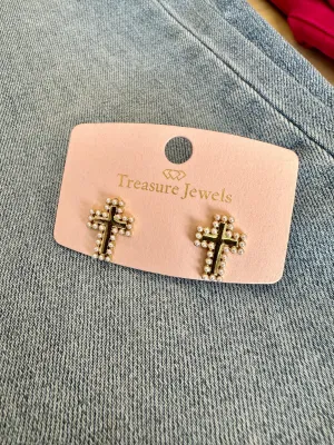 Cross Pearl Earring Studs