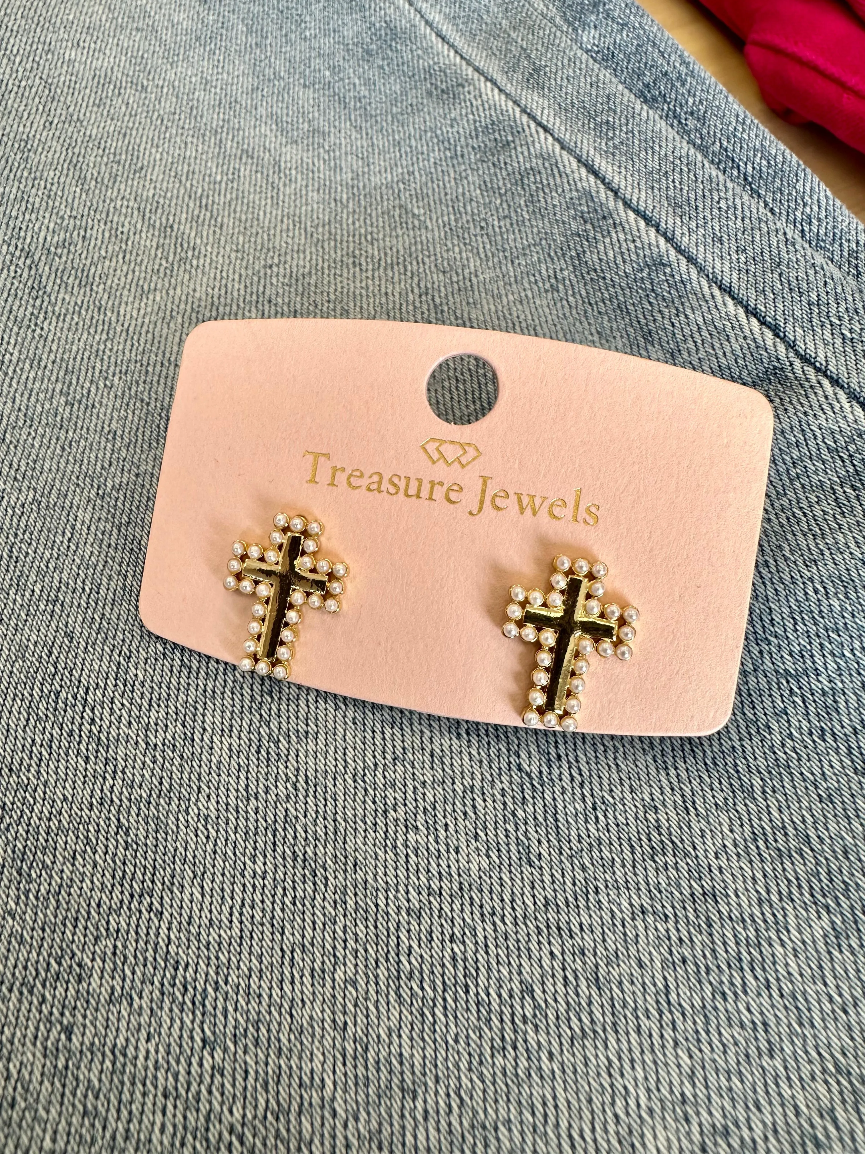 Cross Pearl Earring Studs