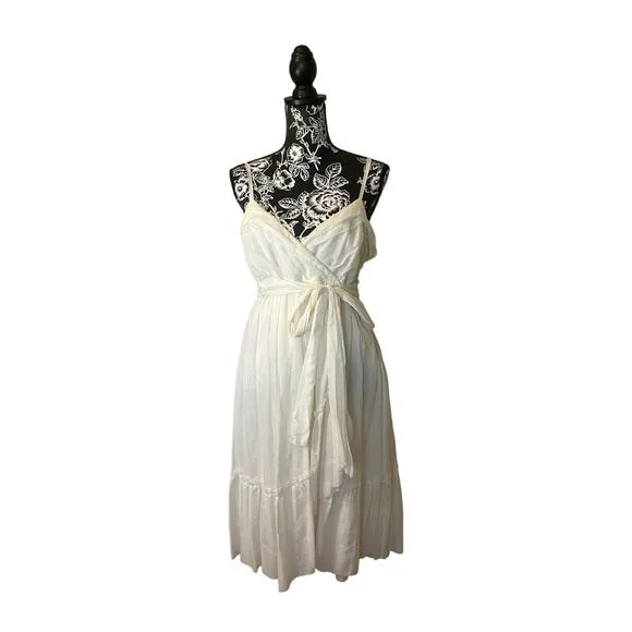 Diane Von Furstenberg Dress White Cotton Gauze Midi Spaghetti Strap Waist Tie 6