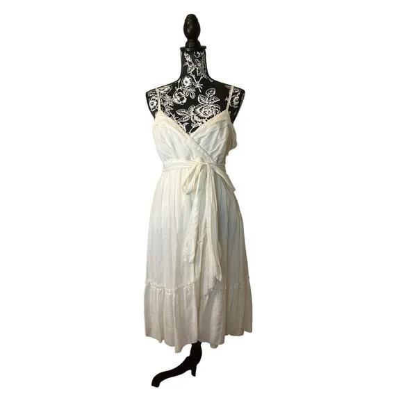 Diane Von Furstenberg Dress White Cotton Gauze Midi Spaghetti Strap Waist Tie 6