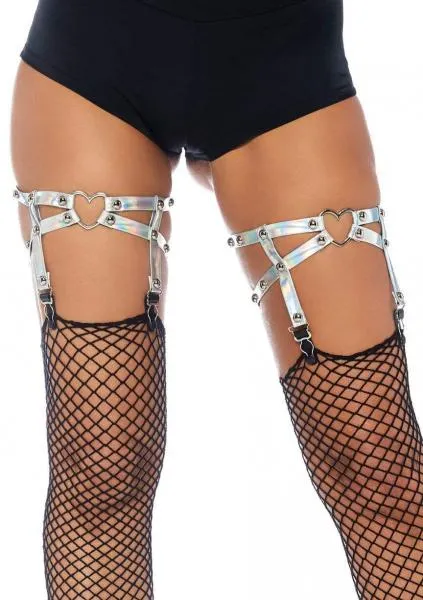 Dual Strap Holographic Leg Garters - Silver - One Size