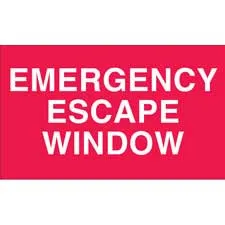 Emergency Escape Window Label: Polyester, White on Red, 4 in H x 6 in W
