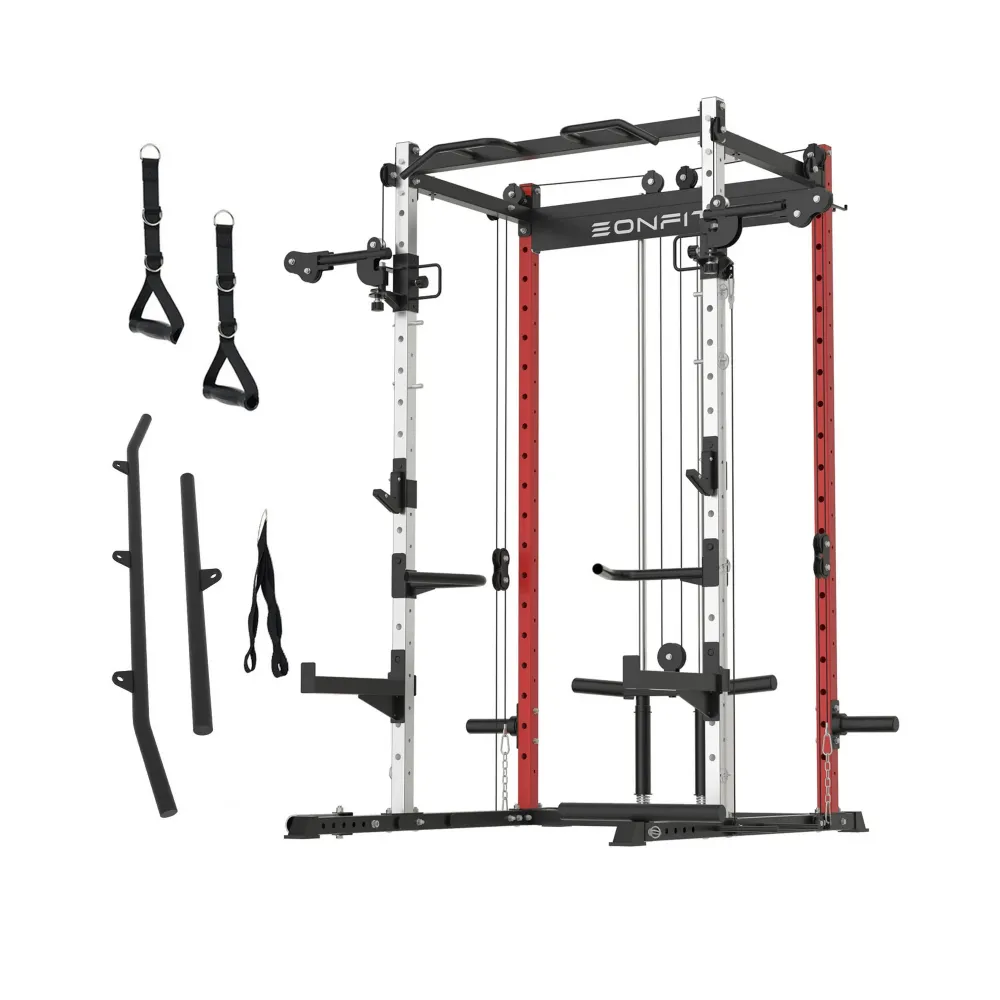 EONFIT®Omni E2 Classic Squat Cage Power Rack with Cable Crossover Pulley System Full Body Strength Training For Home Gym