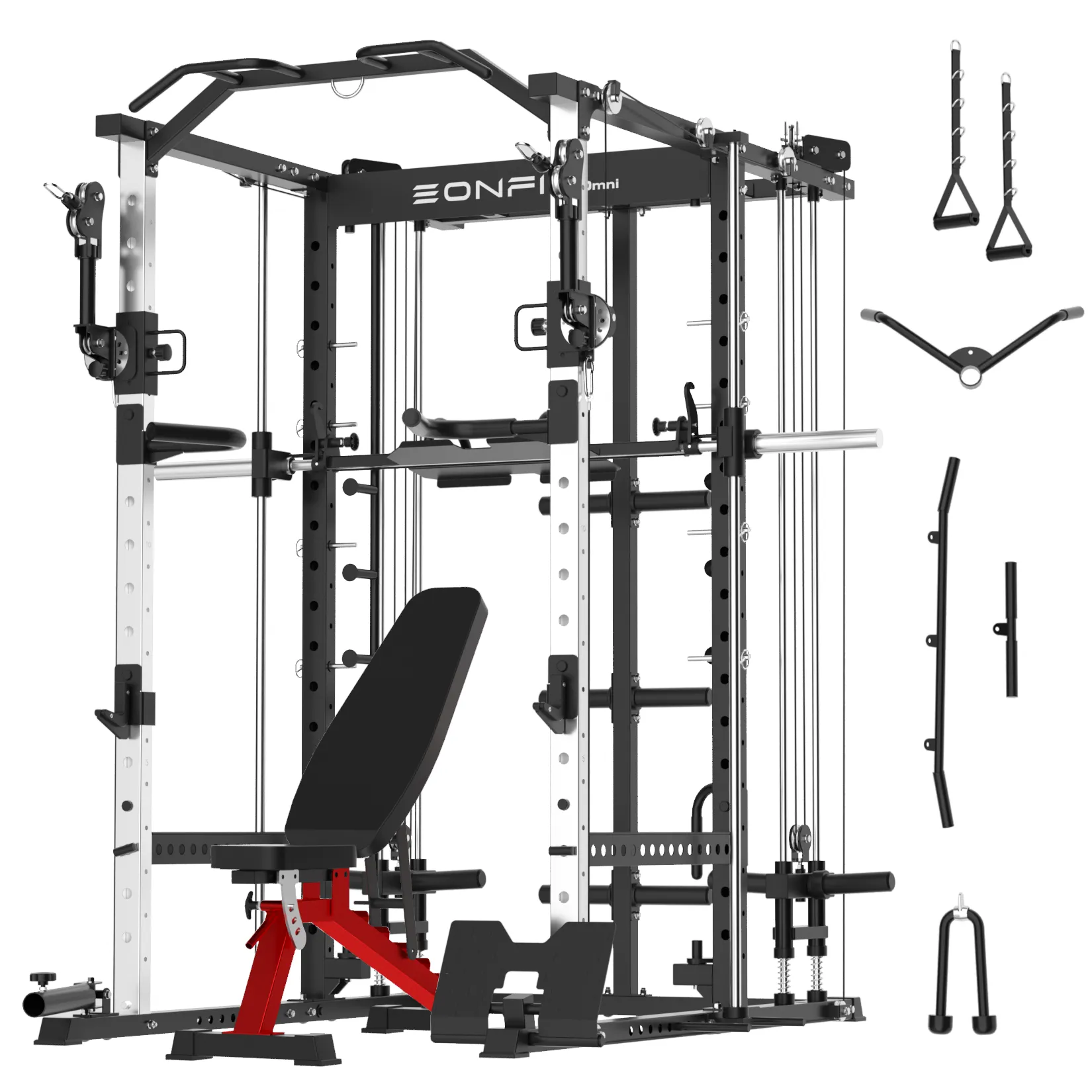 EonfitOmni® E5 11-in-1 Multi-Function Smith Machine with 360° Adjustable Free-Motion Arms Cable Crossover System and Squat Rack for Home Gym