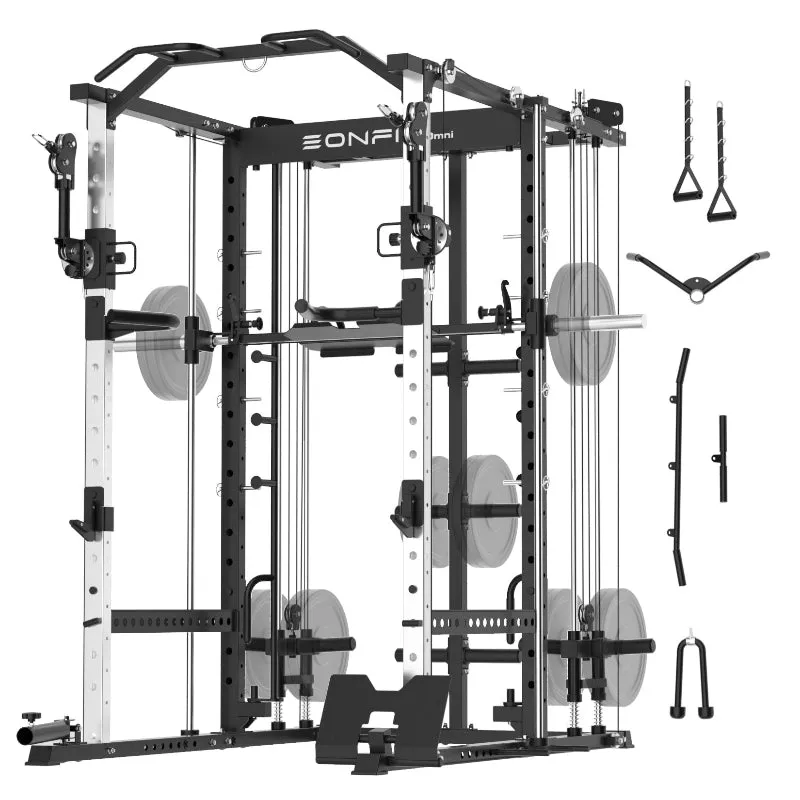 EonfitOmni® E5 11-in-1 Multi-Function Smith Machine with 360° Adjustable Free-Motion Arms Cable Crossover System and Squat Rack for Home Gym
