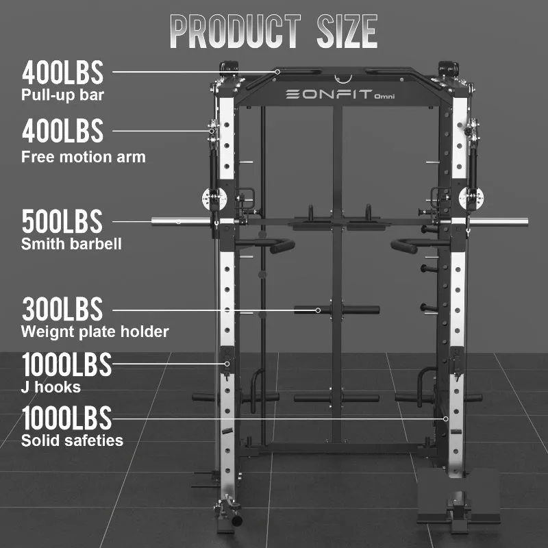 EonfitOmni® E5 11-in-1 Multi-Function Smith Machine with 360° Adjustable Free-Motion Arms Cable Crossover System and Squat Rack for Home Gym